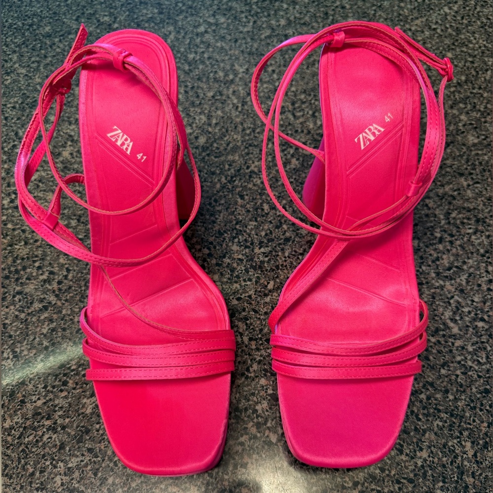 “ZARA” Satin Strappy Wraparound Platform Sandal Heels - Picture 6 of 16